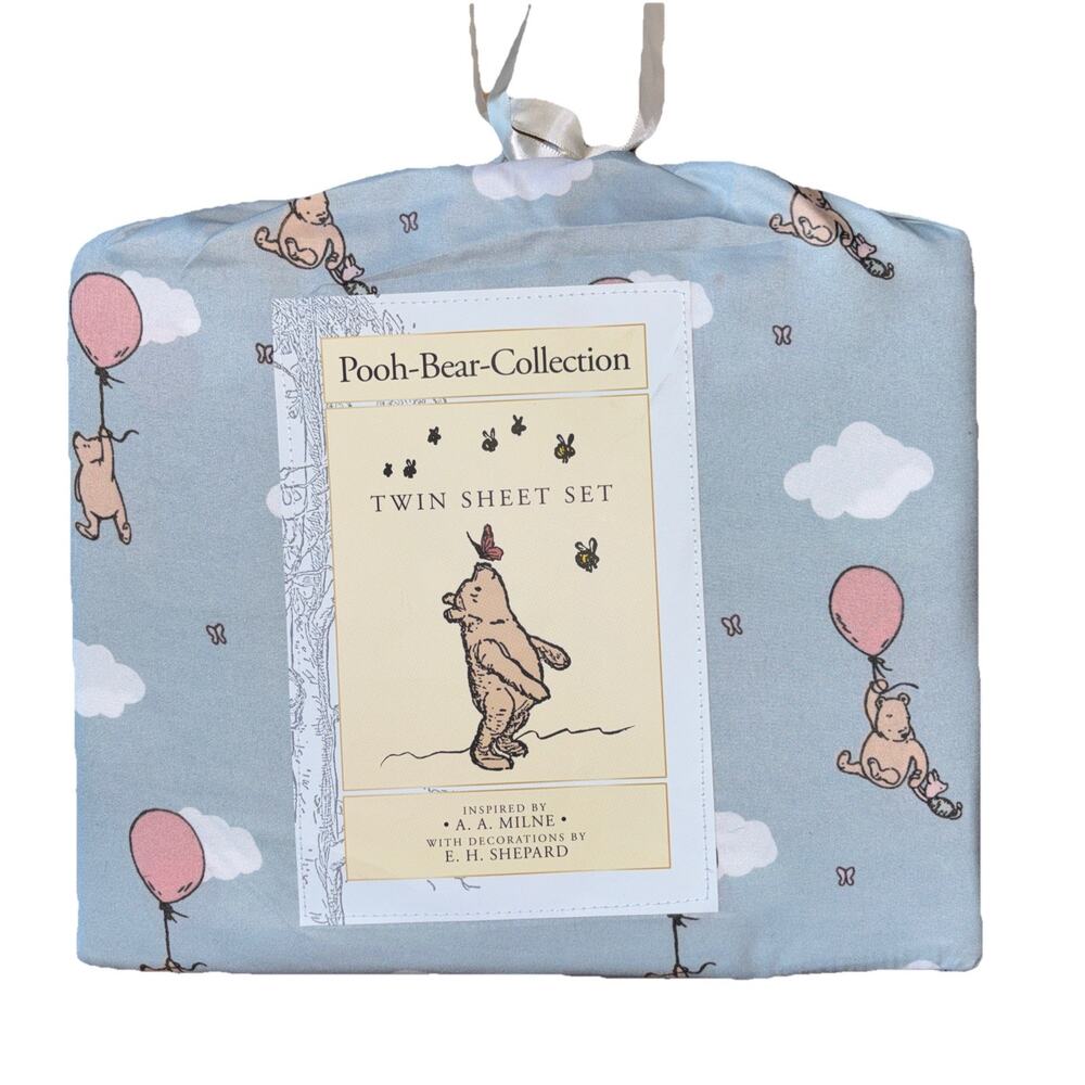 Winnie the Pooh Bear Collection TWIN Sheet Set Blue Piglet Pink Balloons Disney